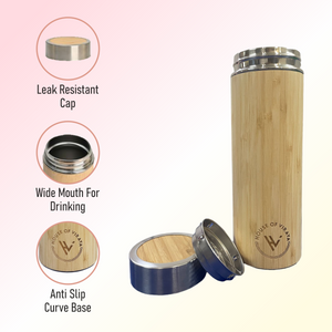 Premium Insulated Bamboo Bottle with Strainer - Hot and Cold - Water Bottle for Work, Gym, School - Easy to Carry - BPA-Free