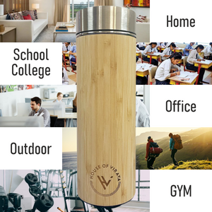 Premium Insulated Bamboo Bottle with Strainer - Hot and Cold - Water Bottle for Work, Gym, School - Easy to Carry - BPA-Free