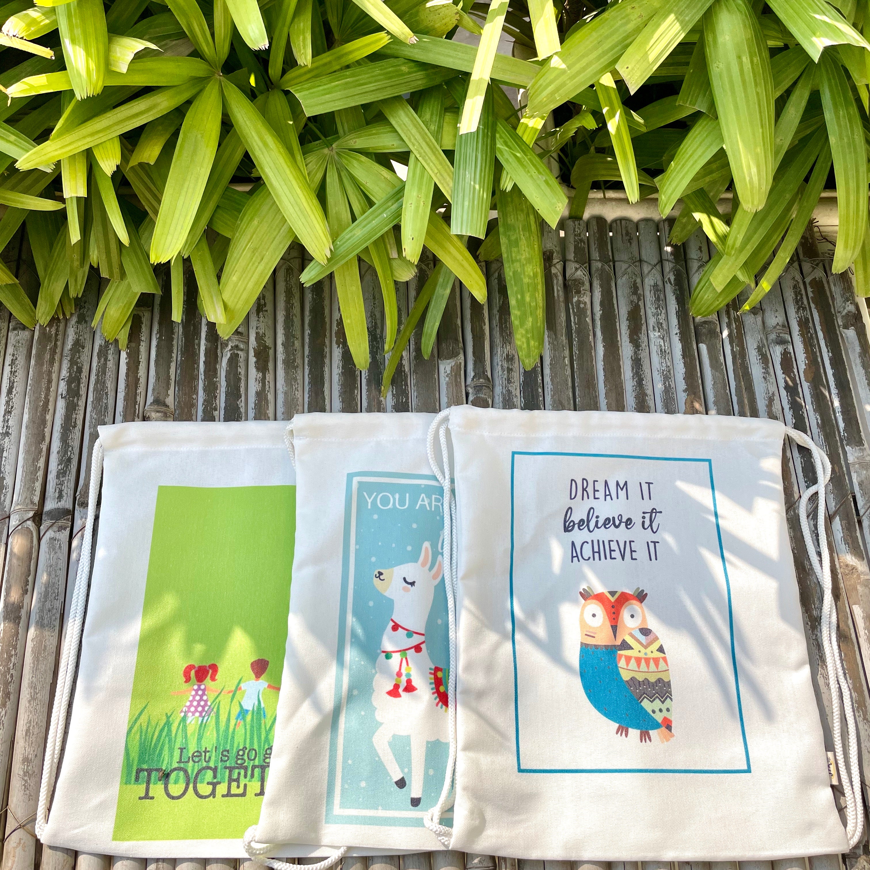 Set of 3 Eco-friendly Canvas Drawstring Bags : Perfect for Everyday use or  Gifting | Assorted Designs